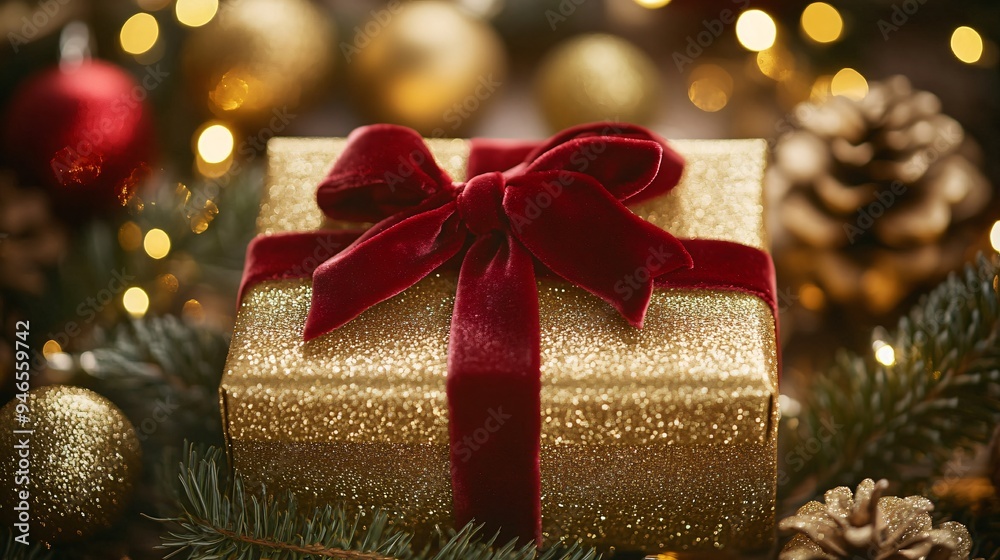 A gift box wrapped in glittering gold paper, tied with a red velvet ribbon, placed on a festive background with holiday decorations A gift box wrapped in glittering gold paper, tied with a red velvet ribbon, placed on a festive background with holiday decorations