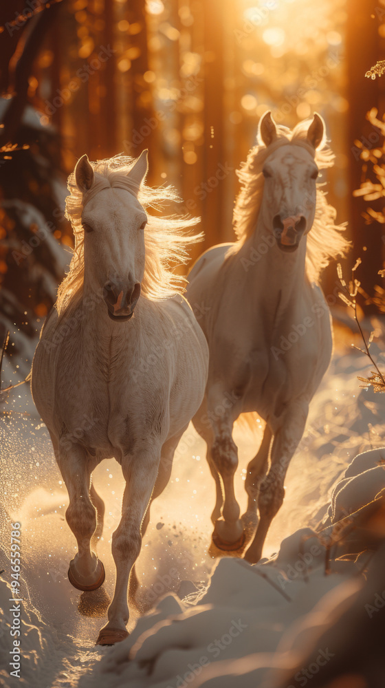 Two white horses in winter run gallop Two white horses in winter run gallop