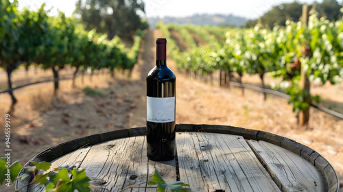 wine bottle in vineyard, landscape with sunlight poster