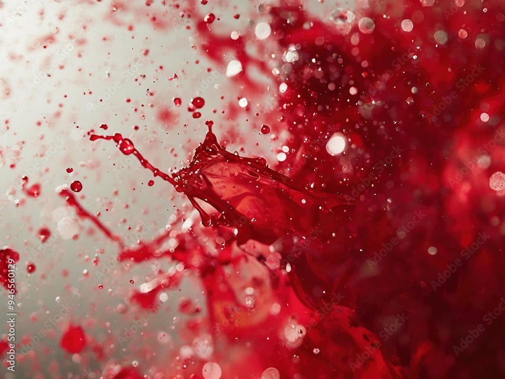 A close-up of a red liquid splash with droplets flying through the air. A close-up of a red liquid splash with droplets flying through the air.