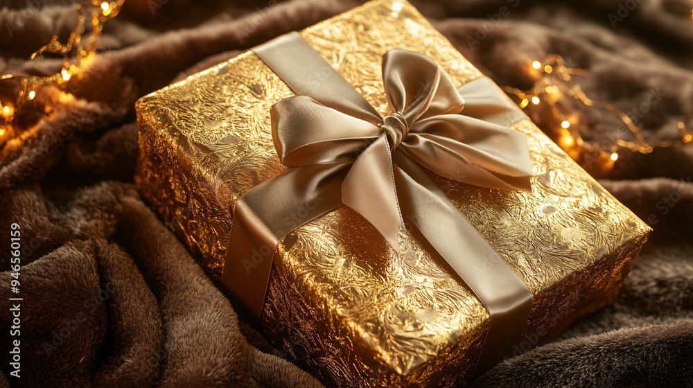A luxurious gift box wrapped in gold foil paper, with a velvet ribbon, placed on a velvet background with soft lighting A luxurious gift box wrapped in gold foil paper, with a velvet ribbon, placed on a velvet background with soft lighting