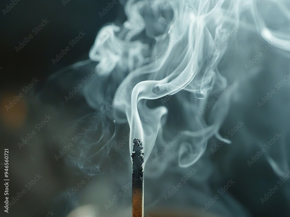 A close-up of incense smoke rising from a smoldering stick against a dark background. A close-up of incense smoke rising from a smoldering stick against a dark background.