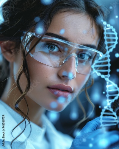 Scientist in protective gear analyzing samples under microscope in genetic research laboratory