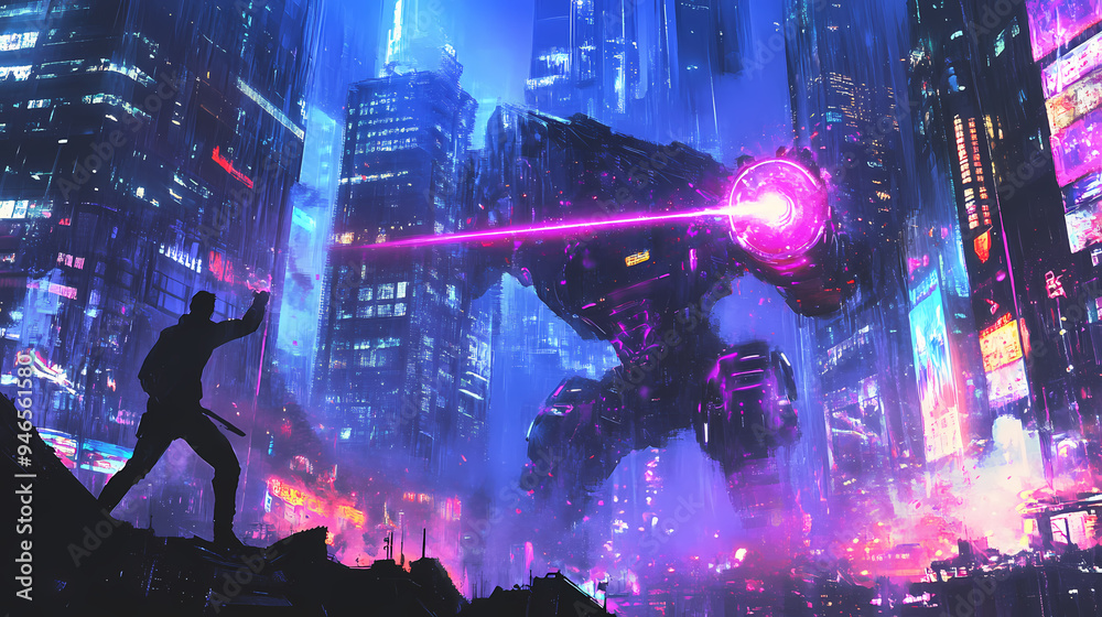 Futuristic Human vs Machine Robot War in Sci-Fi Battle Scene Futuristic Human vs Machine Robot War in Sci-Fi Battle Scene