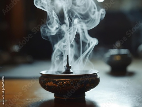 A close-up shot of a traditional incense burner with white smoke rising from it on a wooden table.