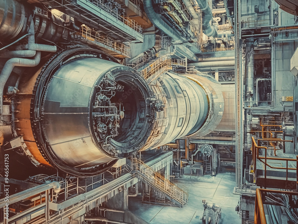 Vast Industrial Factory Interior with Large Machinery and Complex Piping, Monochrome Image Emphasizing Scale and Mechanical Engineering Environment