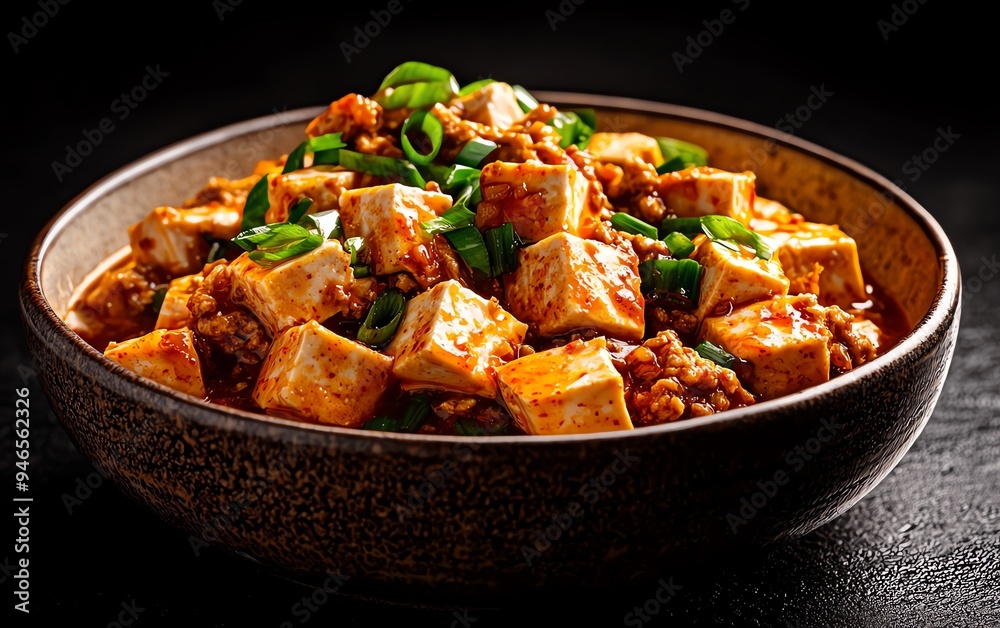 Sichuan mapo tofu with a vibrant red chili oil, topped with minced pork and fresh green scallions, presented in a traditional earthenware bowl on a dark textured background Sichuan mapo tofu with a vibrant red chili oil, topped with minced pork and fresh green scallions, presented in a traditional earthenware bowl on a dark textured background