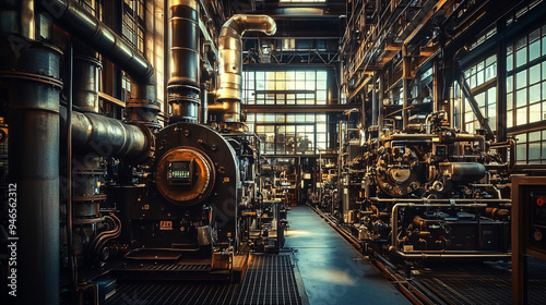 Vast Industrial Factory Interior with Large Machinery and Complex Piping, Monochrome Image Emphasizing Scale and Mechanical Engineering Environment