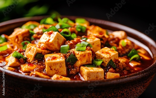 Sichuan mapo tofu with a vibrant red chili oil, topped with minced pork and fresh green scallions, presented in a traditional earthenware bowl on a dark textured background photo