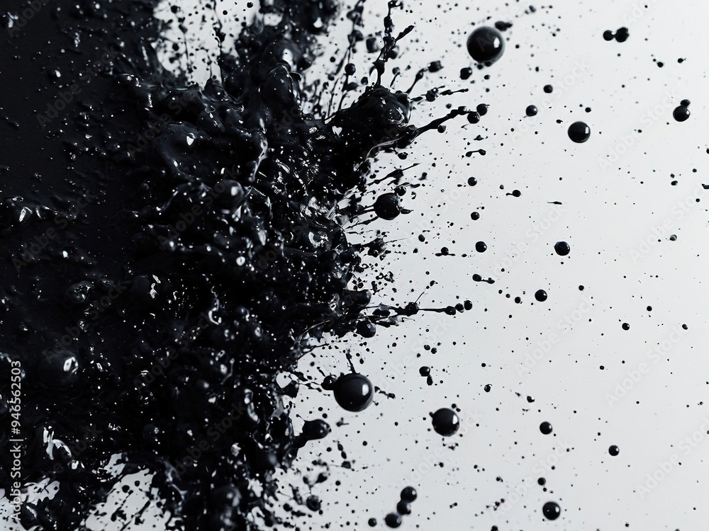 A dramatic black ink splatter against a white background, with large and small droplets frozen in mid-air, creating a dynamic and energetic composition. A dramatic black ink splatter against a white background, with large and small droplets frozen in mid-air, creating a dynamic and energetic composition.