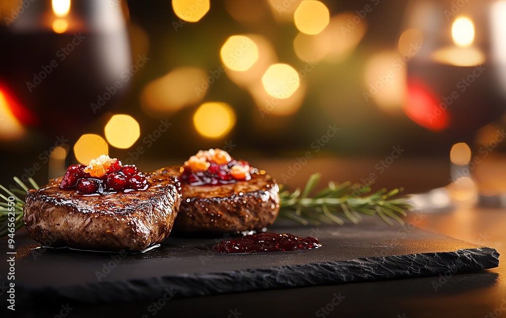Smoked emu fillet with a wild berry sauce, garnished with saltbush leaves, plated elegantly on a slate serving dish, with a blurred eucalyptus forest backdrop Smoked emu fillet with a wild berry sauce, garnished with saltbush leaves, plated elegantly on a slate serving dish, with a blurred eucalyptus forest backdrop