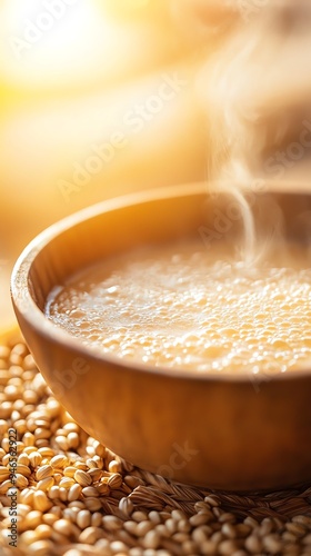 Tibetstyle yak butter tea, served in a traditional wooden bowl with a frothy, creamy top, placed on a woven mat with a side of tsampa barley flour and dried yak cheese photo