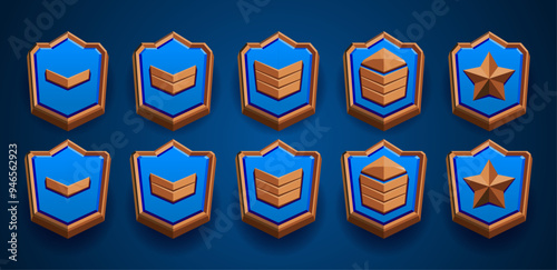 Game rank woody level emblem set. Military patent, stars, three dimensional, realistic style. Achievements collection. Fantasy, adventure. Realistic flat wood, blue. Easy edit.