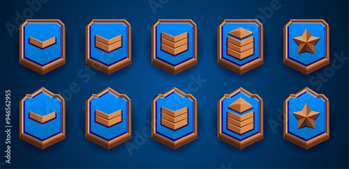 Game level wood badge rank set. Patent and stars, 3d flat style. Vector achievements collection. Perfect for games. Fantasy, sci-fi. Brown, blue color. Wood material. Easy edit.