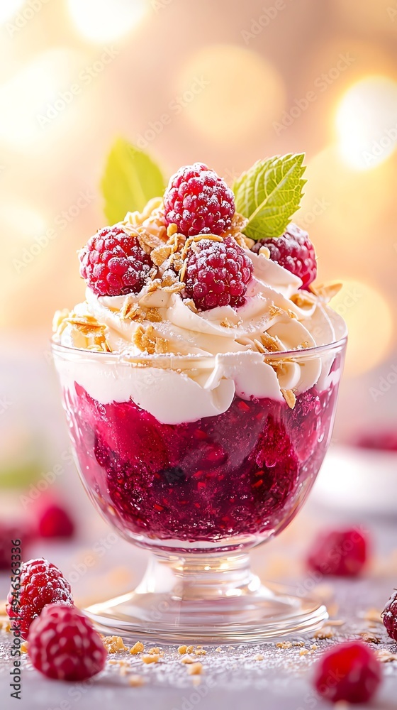 Traditional Rote Grutze red berry pudding in a glass dessert bowl, topped with vanilla sauce, on a linencovered table with fresh berries scattered around Traditional Rote Grutze red berry pudding in a glass dessert bowl, topped with vanilla sauce, on a linencovered table with fresh berries scattered around