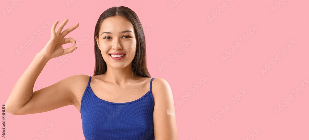 Young woman with applied medical patch showing OK gesture on pink background with space for text Young woman with applied medical patch showing OK gesture on pink background with space for text