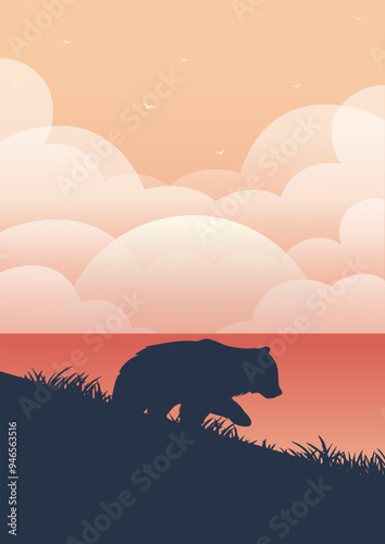 Summer coastline and bear silhouette. Wildlife animals in nature. Grizzly bear, lake and meadow