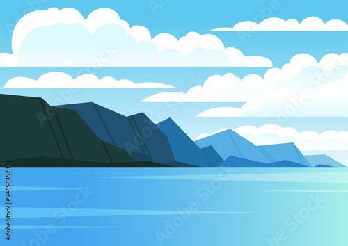 Digital print with Norwegian fjord, mountains landscape. Travel destination poster in retro style