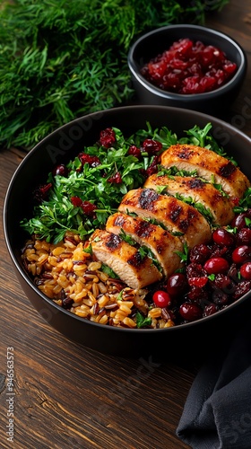 Turkey breast stuffed with wild rice and cranberries, garnished with fresh herbs, set on a rustic wooden table