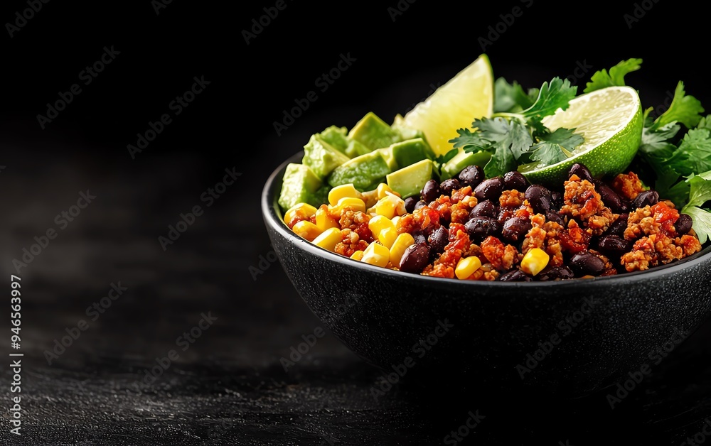 Turkey taco bowl with black beans, corn, and avocado, served in a tortilla bowl with a lime wedge