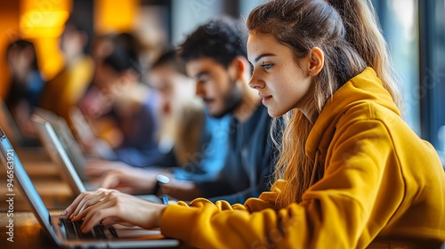 Young Woman Typing on Laptop in Cafe