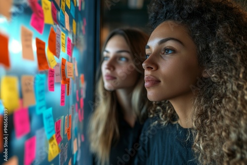 Two young businesswomen brainstorming using adhesive notes in an office, Generative AI