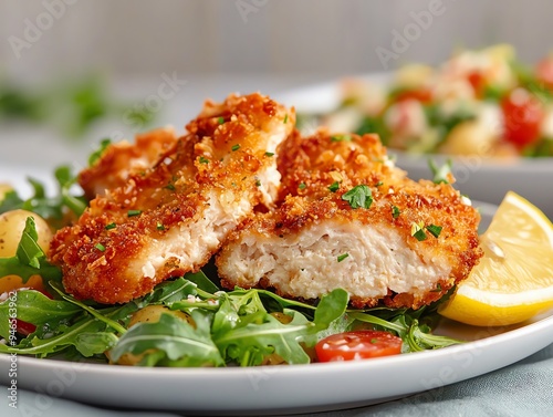 Turkey schnitzel with a lemon wedge, served on a plate with a side of potato salad and arugula