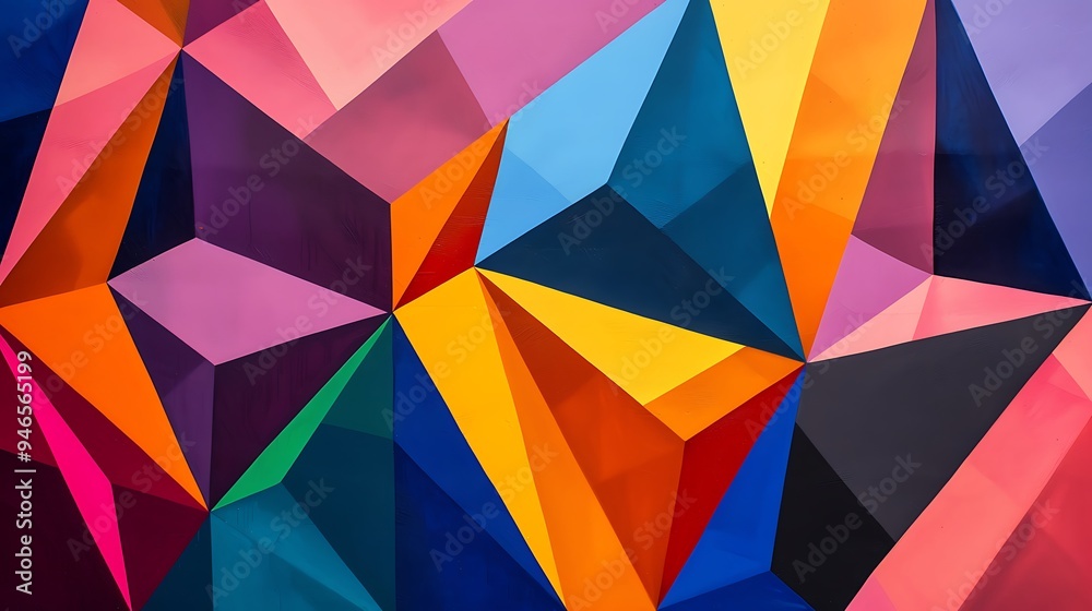 Obraz premium A close-up view of a vibrant geometric pattern in bold colors, with sharp angles and deep shadows that create a sense of depth and dimension.