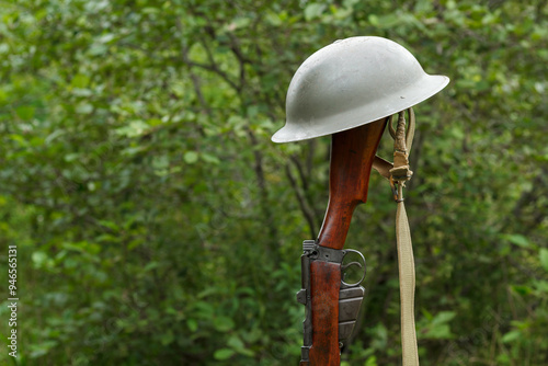 World War era Brodie helmet and rifle