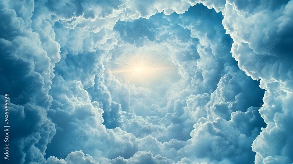 A conceptual image of clouds forming a tunnel like passageway leading toward a distant light source evoking a sense of a journey to a higher purpose or destination A conceptual image of clouds forming a tunnel like passageway leading toward a distant light source evoking a sense of a journey to a higher purpose or destination