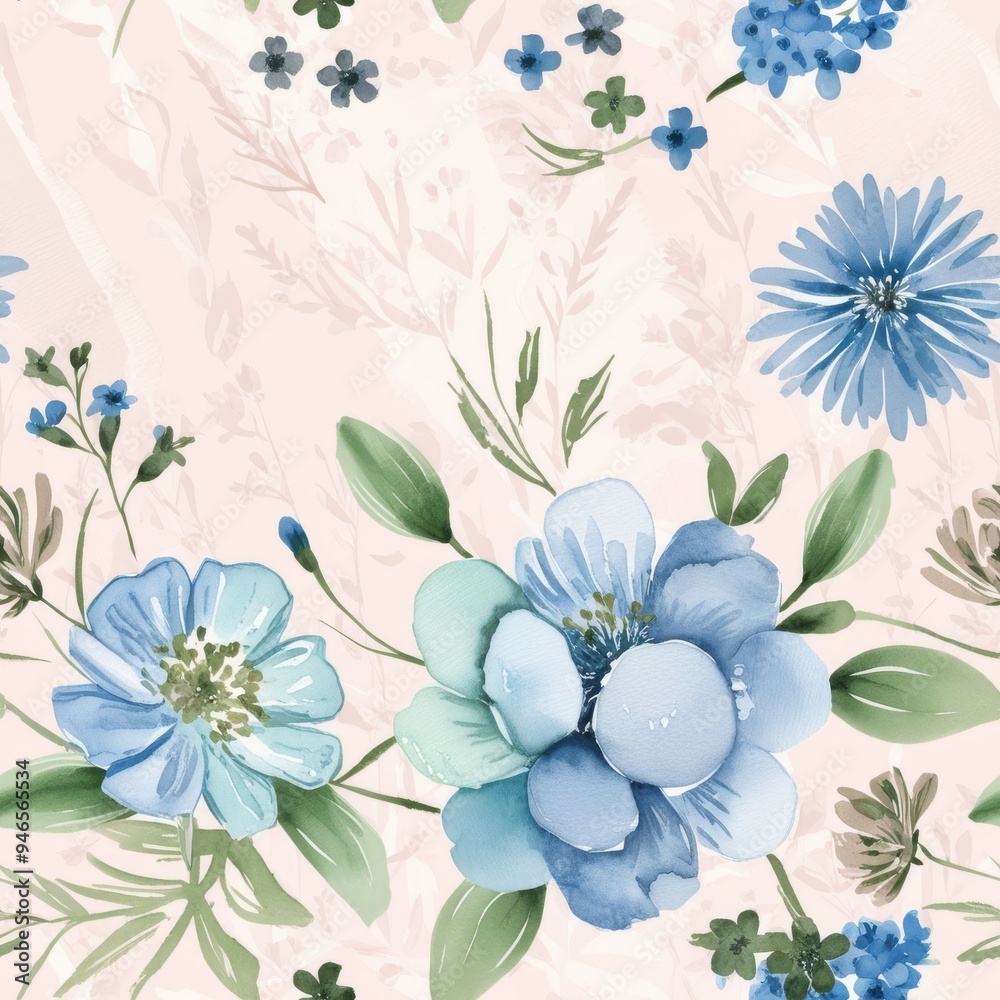 Fototapeta premium Charming seamless floral pattern with blue flowers and a soft beige background, elegant and airy