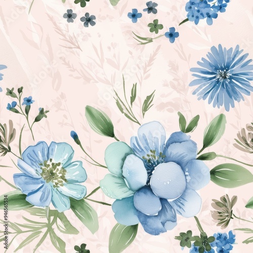 Charming seamless floral pattern with blue flowers and a soft beige background, elegant and airy