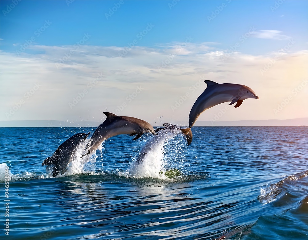 Fototapeta premium dolphins jumping water poster copy space