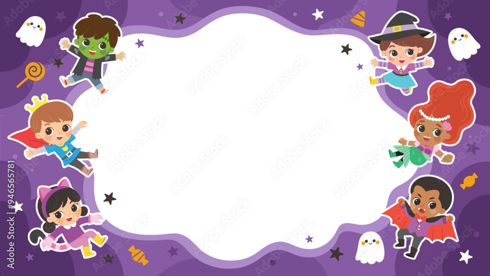 Children dressed in Halloween costumes to go Trick or Treating. Halloween costume kids in spooky holiday. Template for advertising brochure. Children dressed in Halloween costumes to go Trick or Treating. Halloween costume kids in spooky holiday. Template for advertising brochure.