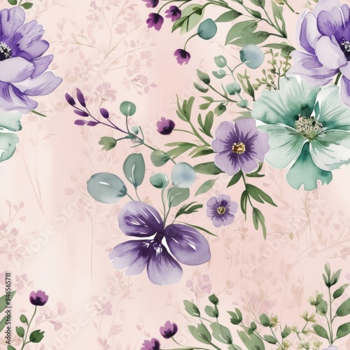 Creative seamless floral pattern in purple and green, delicate details on a light beige background
