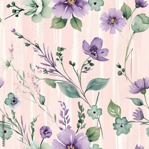 Charming seamless floral design with lilac and green flowers, perfect for feminine and romantic decor
