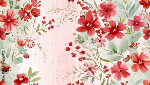 Soft and airy floral wallpaper with red and green flowers, elegant brushstrokes, and pastel pink tones
