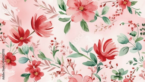 Classic watercolor floral pattern in red and green with subtle details, ideal for timeless decor
