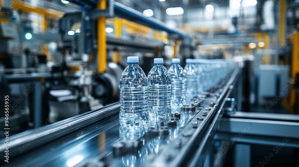 Naklejka premium Active production line in a large factory, closeup of machinery and processes in operation, industrial workflow optimization