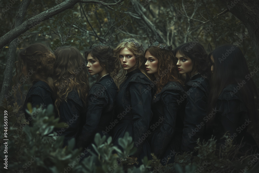 Gathering of ethereal figures in a dark enchanted forest under the faint glow of twilight, whispering ancient secrets among shadowy trees Gathering of ethereal figures in a dark enchanted forest under the faint glow of twilight, whispering ancient secrets among shadowy trees