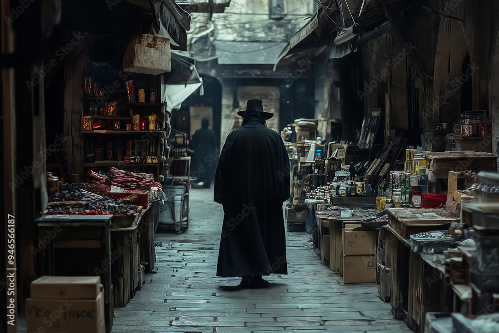 A modern Dracula wanders through an ancient marketplace, discovering hidden treasures in a winding cobblestone alley A modern Dracula wanders through an ancient marketplace, discovering hidden treasures in a winding cobblestone alley
