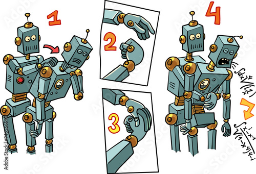 Heimlich maneuver, saving someone choking on food. Futuristic instructions for the future. Robots helping each other and repairing colleagues. The problem is in formulas and numbers.