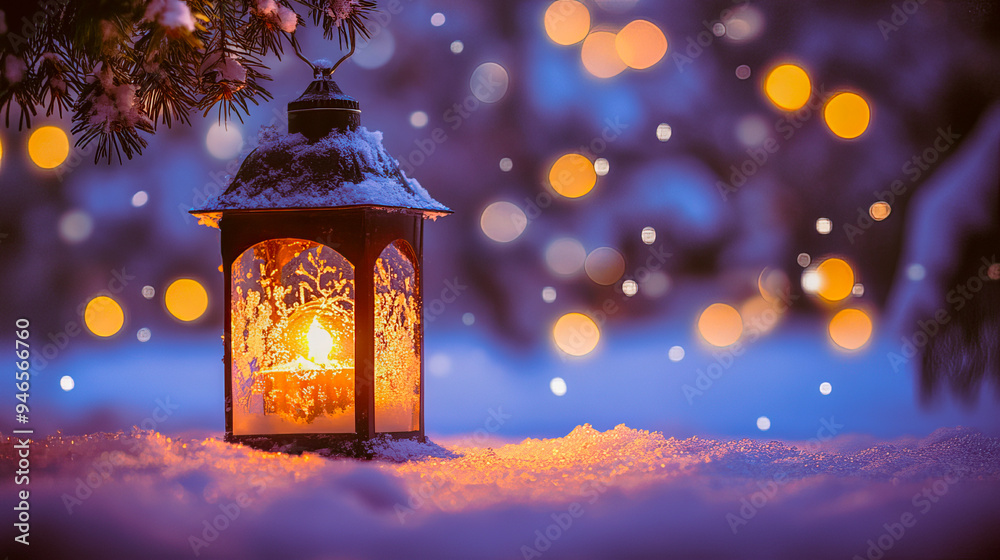 Christmas lantern in the snow in the evening