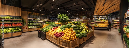 Wallpaper Mural Fruit and vegetable display in organic grocery store with wooden boxes of fresh produce, fruit trees, greenery, interior design of modern grocery shop, architecture photography, warm lighting Torontodigital.ca