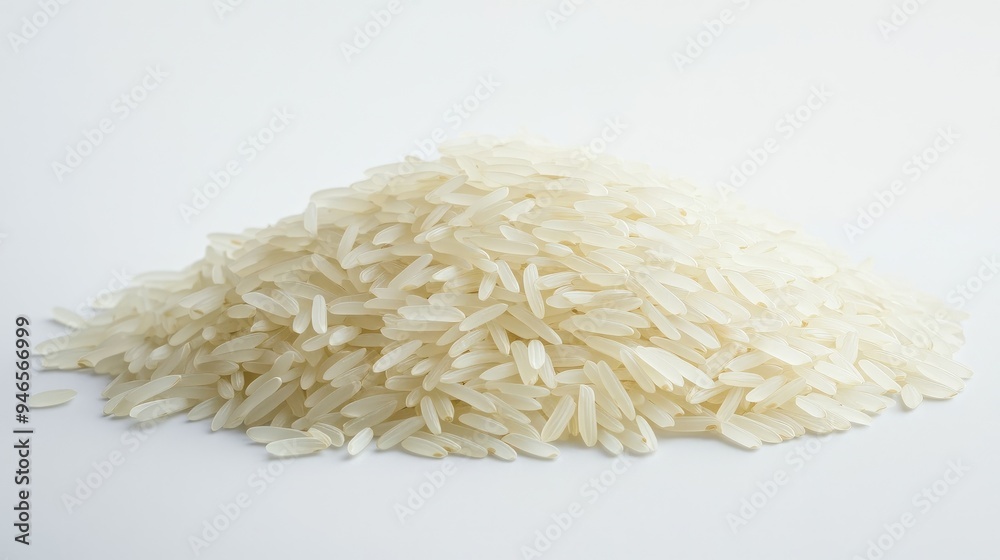 Obraz premium Close-up of basmati rice grains in a neat pile on a white surface, showcasing their long, slender shape and polished finish, no people.