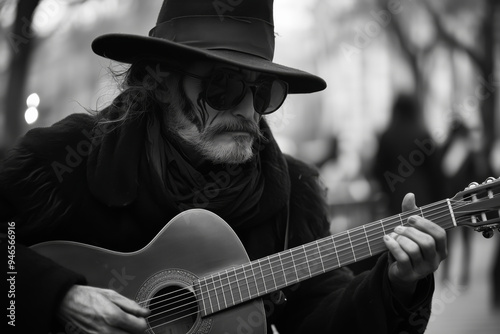 A mysterious vampire strums a haunting melody on his guitar under the pale moonlight in a dimly lit urban alley photo