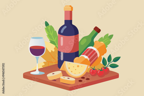 Bottle of wine and flutes with a charcuterie board, watercolor clipart illustration with isolated background.
