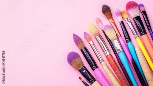 Vibrant paintbrushes arranged on a soft pink surface, capturing the essence of an art supply store, drawing academy, or personal artistic pursuit.