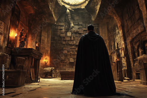 Dracula stands in an ancient crypt, lit by flickering torches, as shadows dance around the intricately carved stone walls