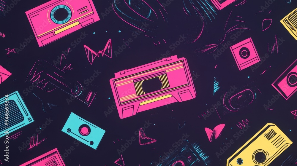 Fototapeta premium The design showcases vibrant cassette tapes in various colors scattered across a dark background, evoking a sense of nostalgia